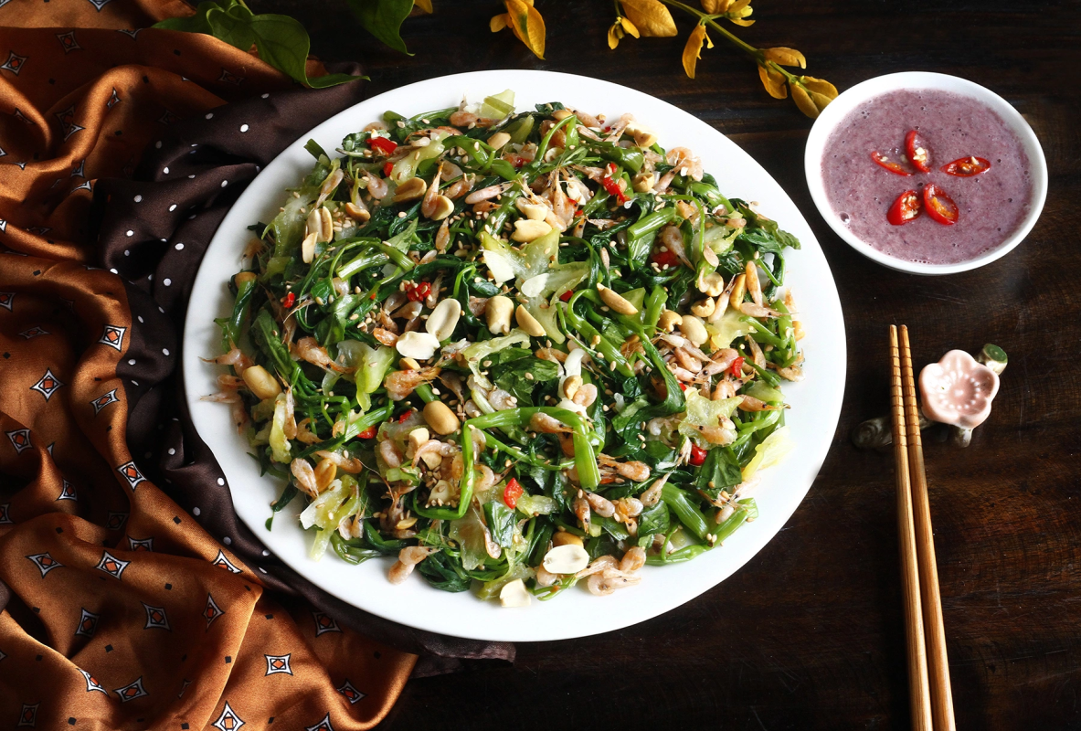 cách làm nộm rau muống với tép